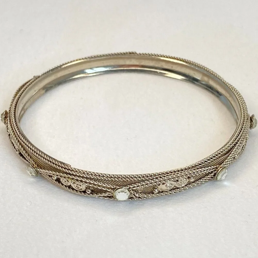 Silver Tone Ornate Bangle Clear Rhinestones and Filigree Embellishments